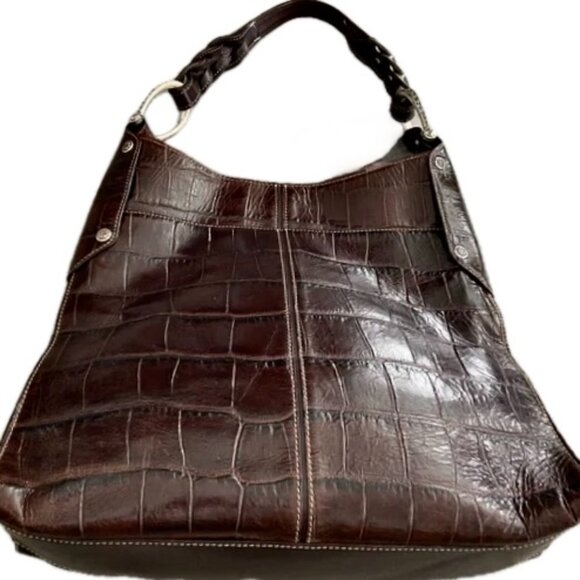 Brighton Hobo Shoulder Tote Bag in Croc Embossed Chocolate Brown Leather - Picture 4 of 12